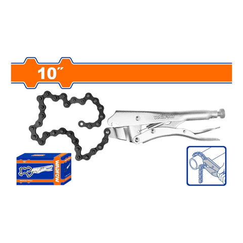 [SKUIMG]WLP5510|WLP5510.jpg|ALICATE DE PRESION CON CADENA 10" ACERO AL CARBONO. TAMANO DE LA CADENA: 18.5" NIQUELADO. PINZA