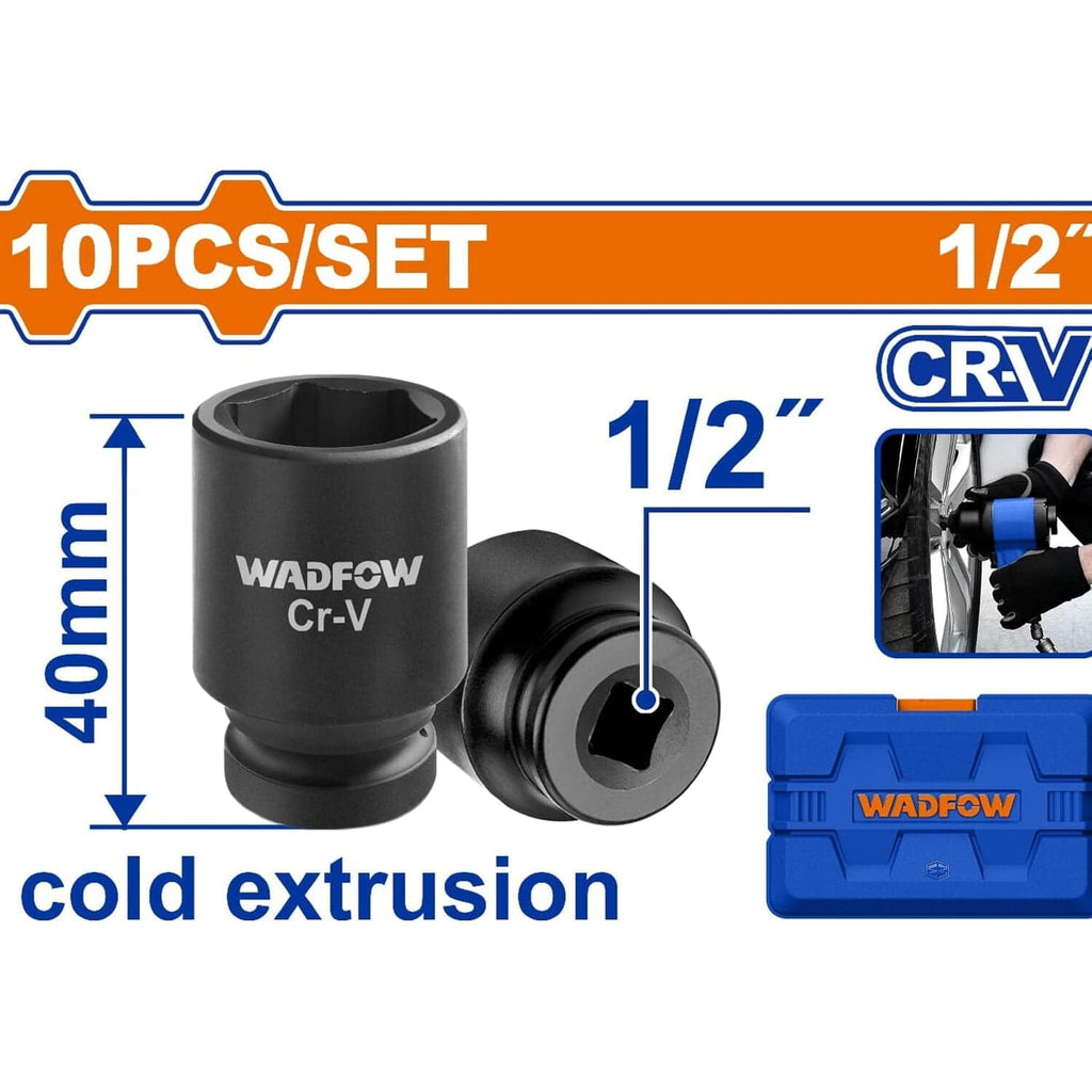 [SKUIMG]WMS1D01|DADOS SOCKET DE IMPACTO DE 1/2" DR. DE 10 PIEZAS. LARGO:40 MM. CRMO. TRATAMIENTO TÉRMICO.