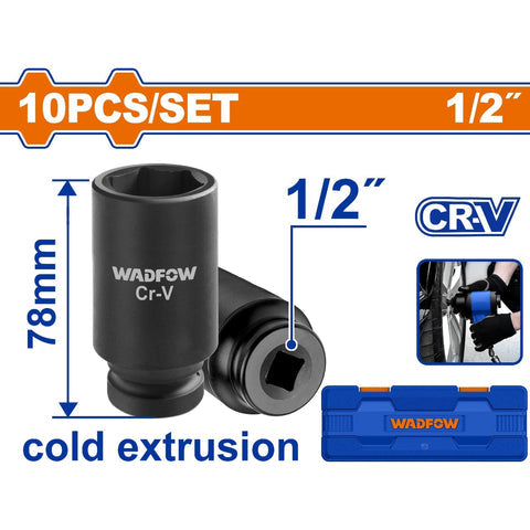 [SKUIMG]WMS2D02|WMS2D02.jpg|DADOS SOCKET DE IMPACTO DE 1/2" DR. DE 10 PIEZAS. LARGO:78 MM. CRMO. TRATAMIENTO TÉRMICO.