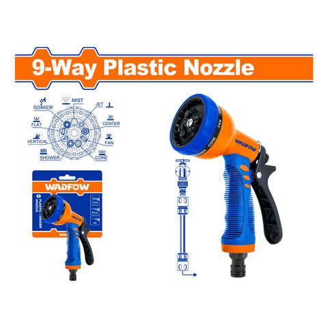 [SKUIMG]WNE9E34|WNE9E34.jpg|PISTOLA PARA MANGUERA DE AGUA DE PLASTICO AJUSTABLE A 9 MANERAS DIFERENTES DE SALIDA DEL AGUA.