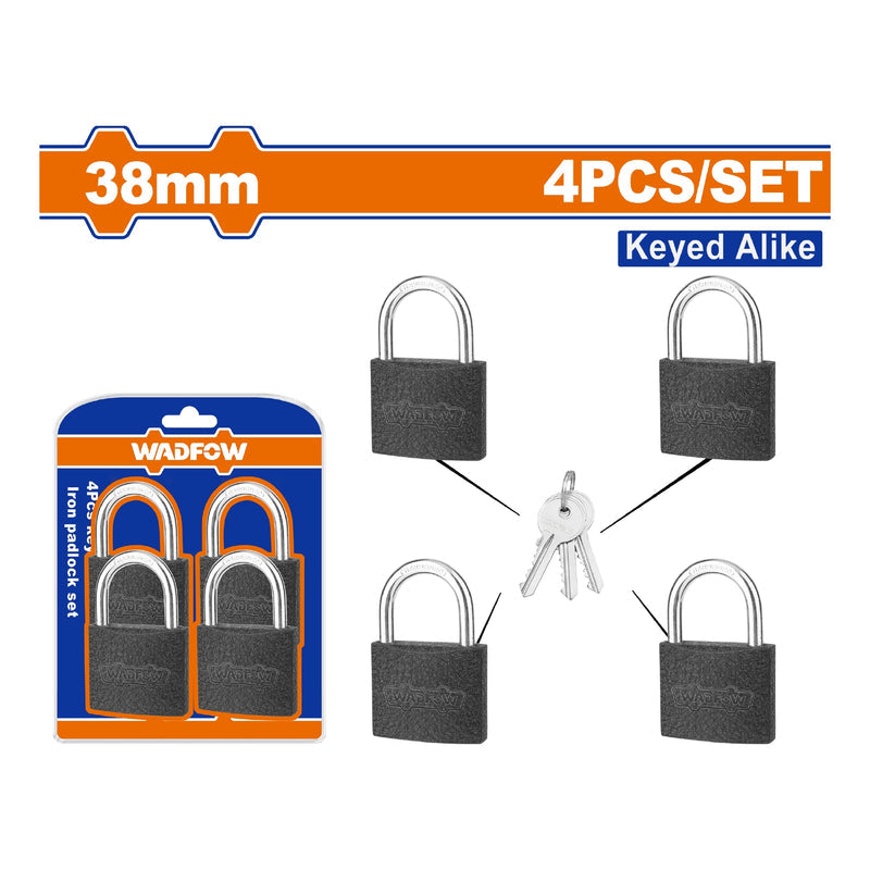 [SKUIMG]WPD5444|WPD5444.jpg|CANDADOS DE HIERRO DE 38MM CON JUEGO DE LLAVES. INCLUYE 4 CANDADOS Y U