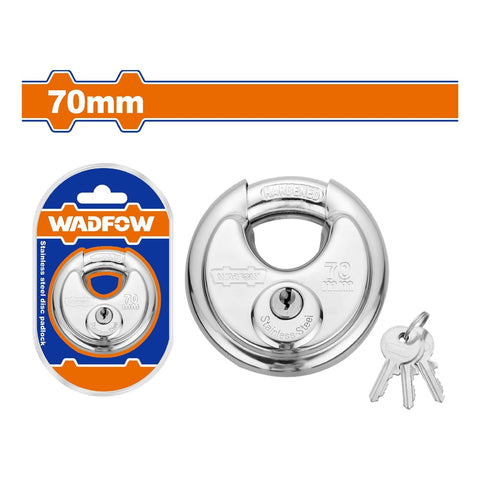 [SKUIMG]WPDD470|WPDD470.jpg|CANDADO DE DISCO DE ACERO INOXIDABLE 70MM GRILLETE DE ACERO CERRADO. INCLUYE 2 LLAVES.
