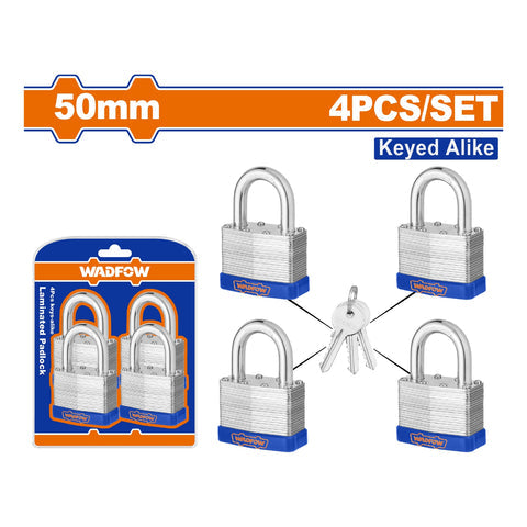 [SKUIMG]WPDL454|WPDL454.jpg|CANDADOS LAMINADOS DE 50MM CON JUEGO DE LLAVES. INCLUYE 4 CANDADOS Y UN JUEGO DE 3 LLAVES UNICO.