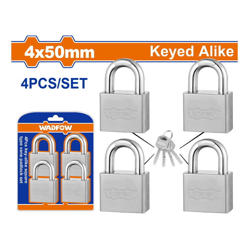 [SKUIMG]WPDS454|WPDS454.jpg|CANDADOS CON ALETA TIPO CUADRADO DE 50MM. INCLUYE 4 CANDADOS Y JUEGO D