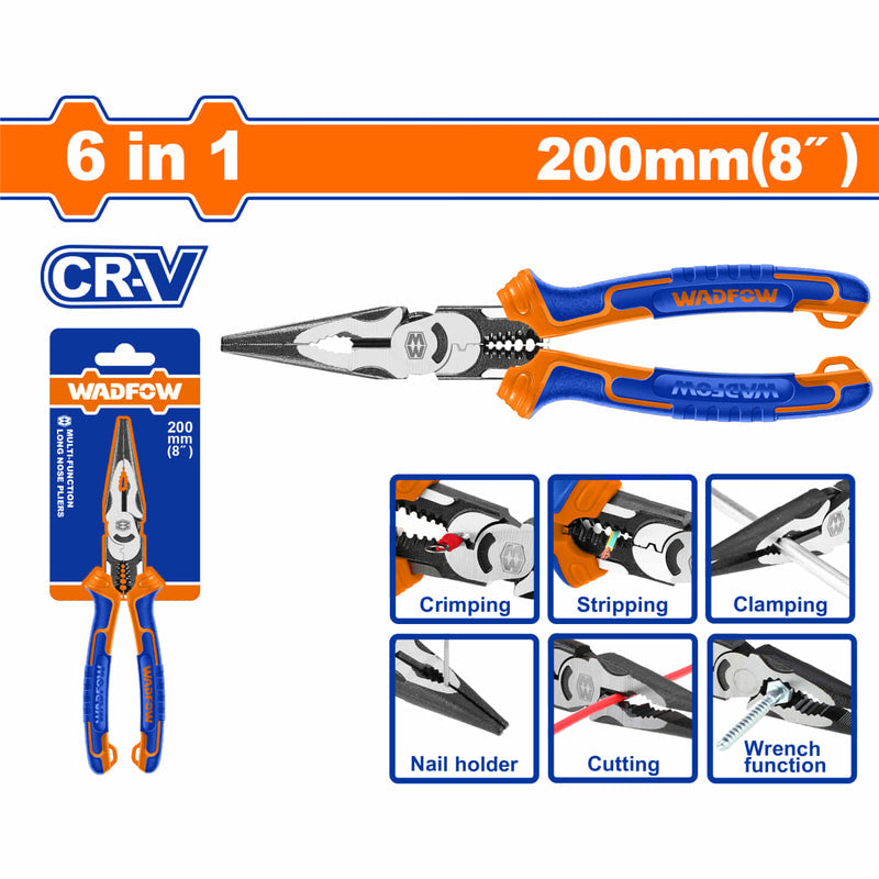 [SKUIMG]WPL2778|WPL2778.jpg|ALICATE MULTIFUNCION DE PUNTA LARGA 6 EN 1. 8" CR-V. ACABADO NEGRO Y P