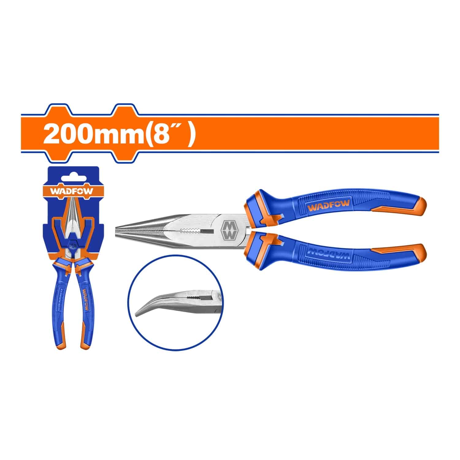 [SKUIMG]WPL4C08|WPL4C08.jpg|ALICATE DE PUNTA DOBLADA 200MM(8"). ACERO AL CARBONO. PULIDO. MANGO CÓMODO.