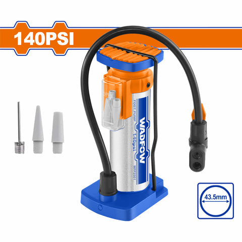 [SKUIMG]WPP2501|BOMBA DE AIRE DE PIE 140PSI. 43.5X165MM. CUENTA CON PEDAL DE GOMA. SE ADAPTA A SCHRADER, PRESTA, DUN