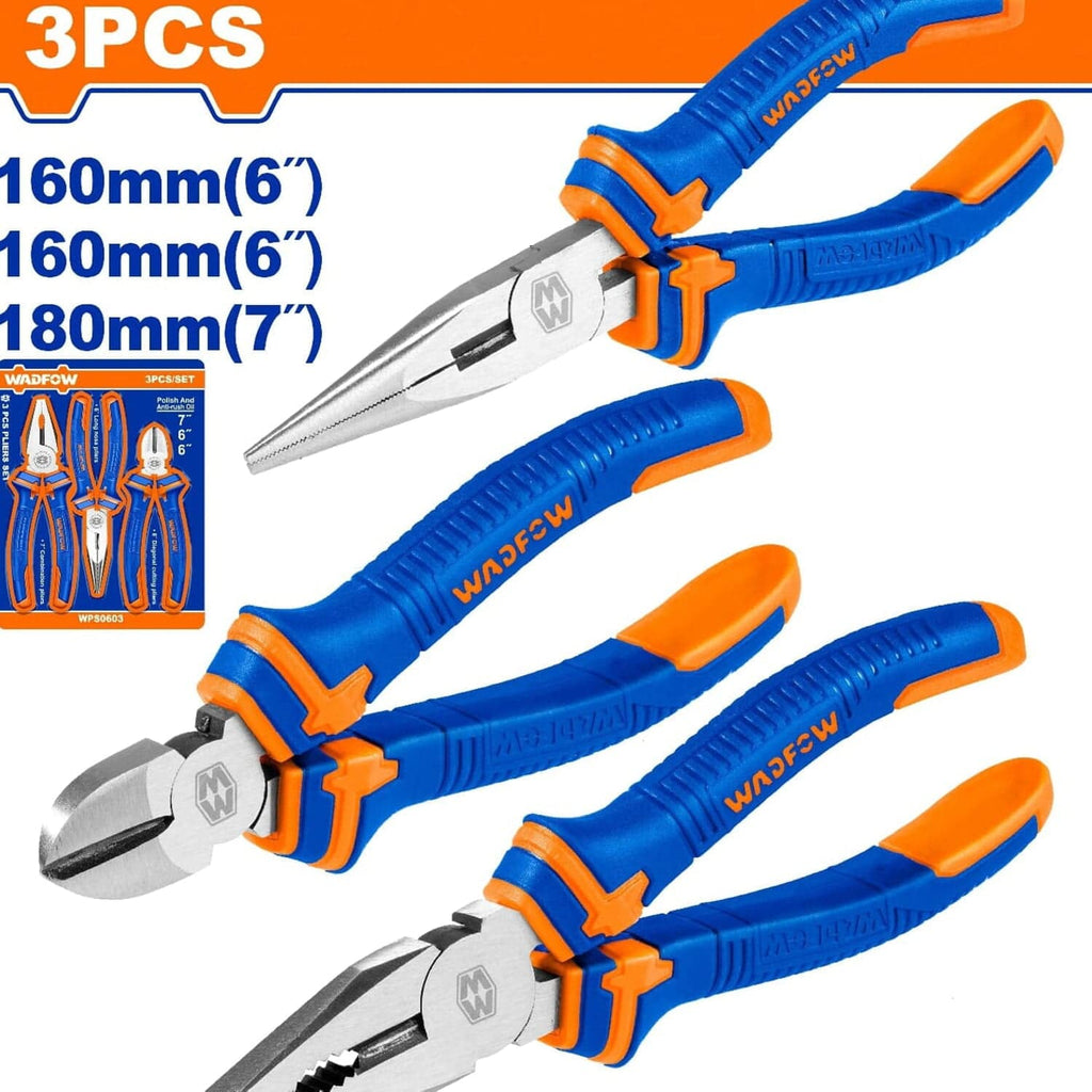 [SKUIMG]WPS0603|WPS0603.jpg|ALICATES DE 3 PIEZAS COMBINADO 7", PUNTA LARGA 6", CORTE DIAGONAL 6". PULIDO Y ANTIÓXIDO.