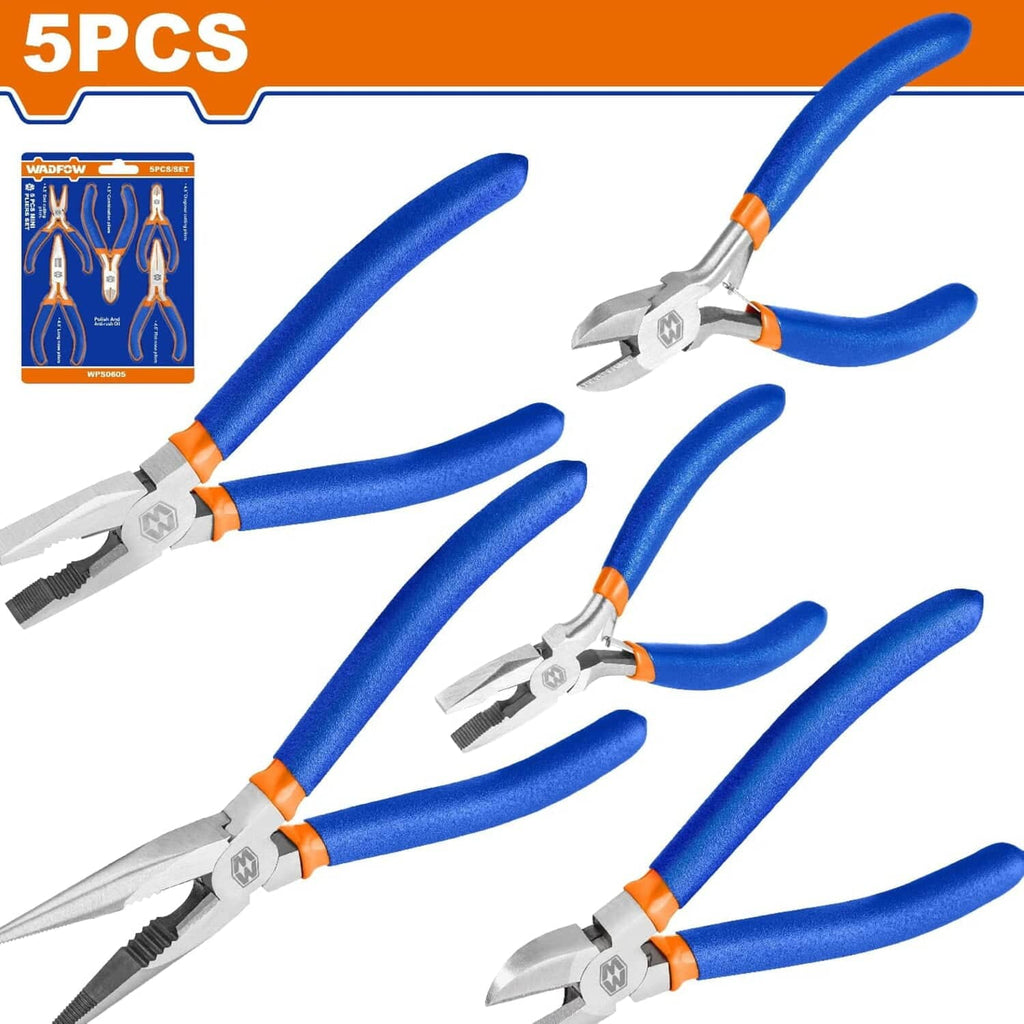 [SKUIMG]WPS0605|ALICATES VARIADOS (COMBINADOS, PUNTA LARGA,CORTE,MINI) PULIDO Y ANTIÓXIDO. KIT 5 PIEZAS.