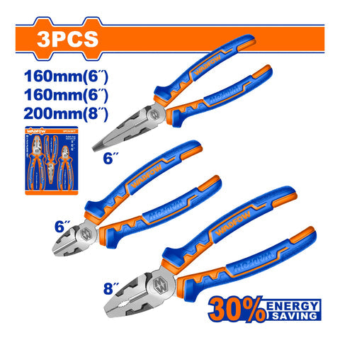 [SKUIMG]WPS0613|WPS0613.jpg|ALICATES VARIADOS DE ALTA PALANCA 6" Y 8" (LARGO, COMBINADO, DIAGONAL) SET DE 3 PIEZAS.
