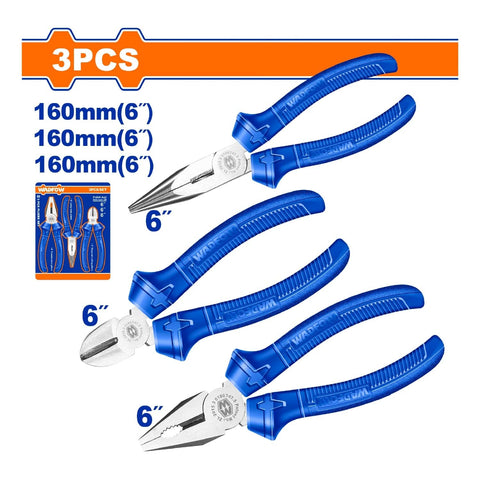 ALICATES VARIADOS DE 6" (COMBINADOS, CORTE DIAGONAL, PUNTA LARGA) PULIDO. SET DE 3 PIEZAS.