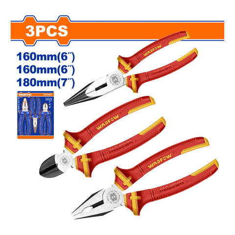 [SKUIMG]WPS0633|ALICATES AISLADOS SET DE 3 PIEZAS. SOPORTA 1,000 VOLTIOS. MANGO AISLADO. ACABADO Y PULIDO. PINZAS EL
