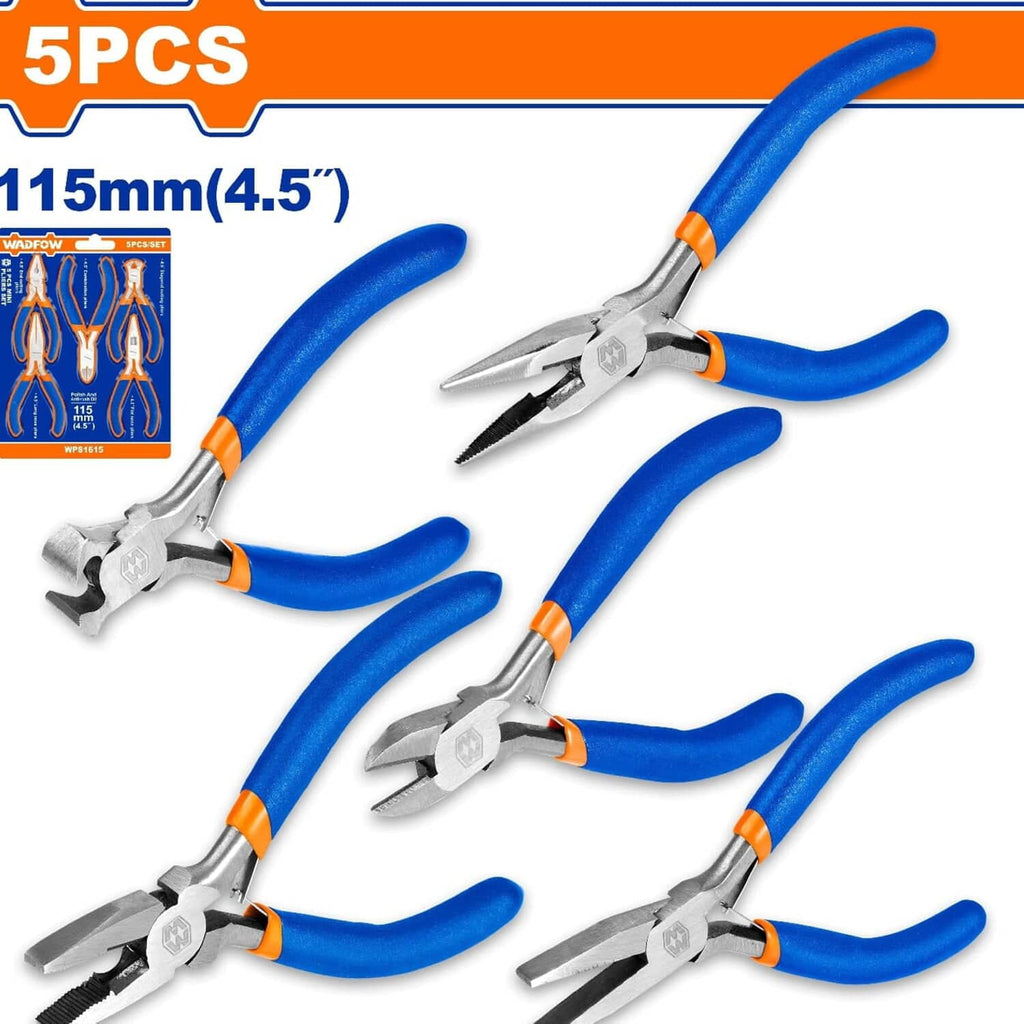 [SKUIMG]WPS1615|WPS1615.jpg|MINI ALICATES 4.5"(COMBINADOS, DIAGONAL, LARGA,FINAL,PLANA) SET DE 5. MANGO DE PLÁSTICO.