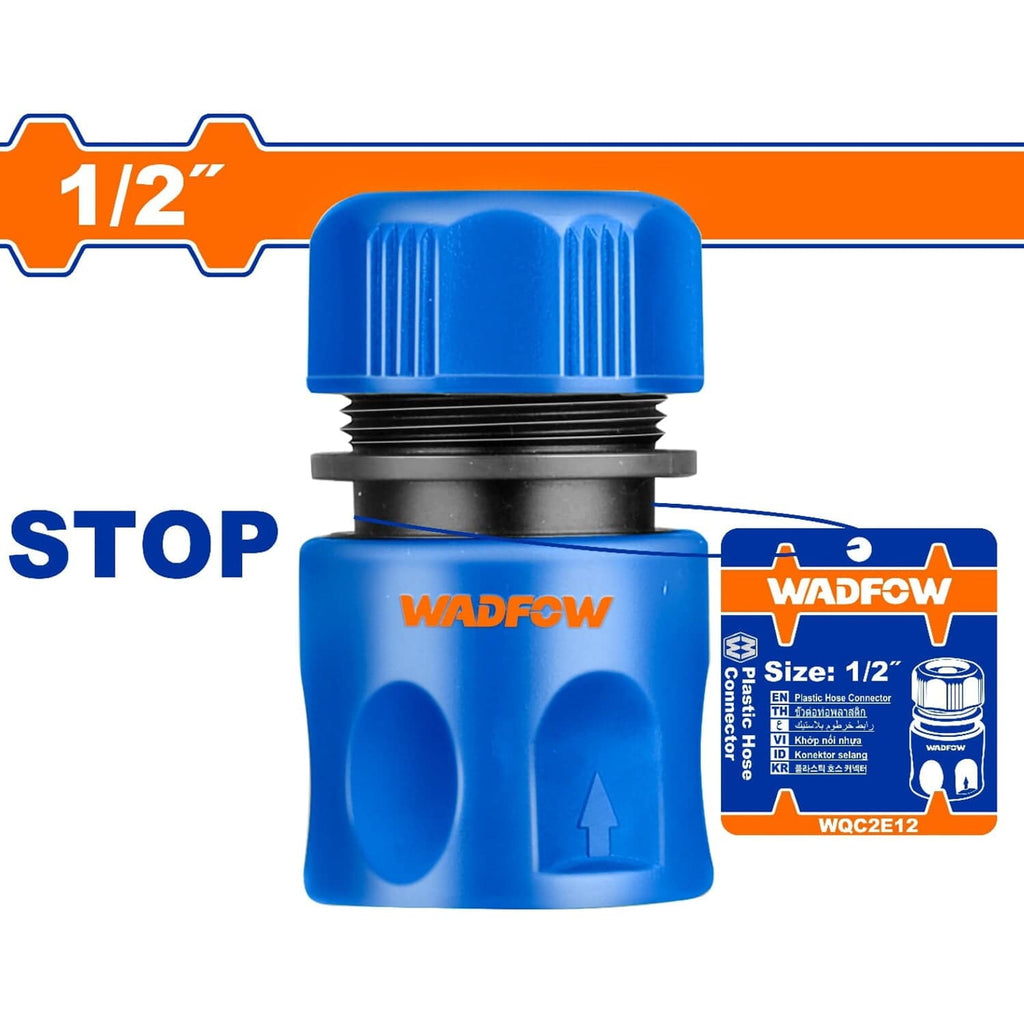 [SKUIMG]WQC2E12|WQC2E12.jpg|CONECTOR DE MANGUERA DE PLÁSTICO CON ADAPTADOR DE 1/2" Y FUNCIÓN PARA DETENER EL AGUA.