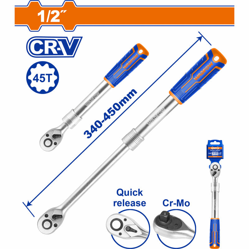 [SKUIMG]WRW5212|WRW5212.jpg|RATCHET LLAVE EXTENDIBLE 1/2" DIENTES 45T LONGITUD 340-450MM. CR-V + C