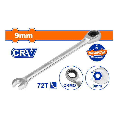 [SKUIMG]WSA5109|WSA5109.jpg|LLAVES COMBINADAS CON RATCHET CR-V CROMADA. ACABADO MATE. 72 DIENTES. (1 PIEZA)