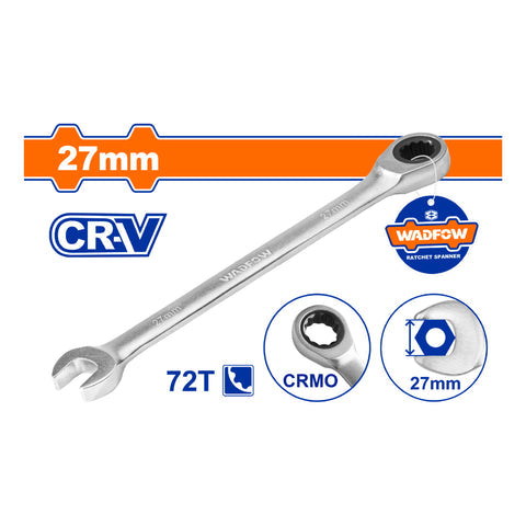 [SKUIMG]WSA5127|WSA5127.jpg|LLAVES COMBINADAS CON RATCHET CR-V CROMADA. ACABADO MATE. 72 DIENTES. (1 PIEZA)