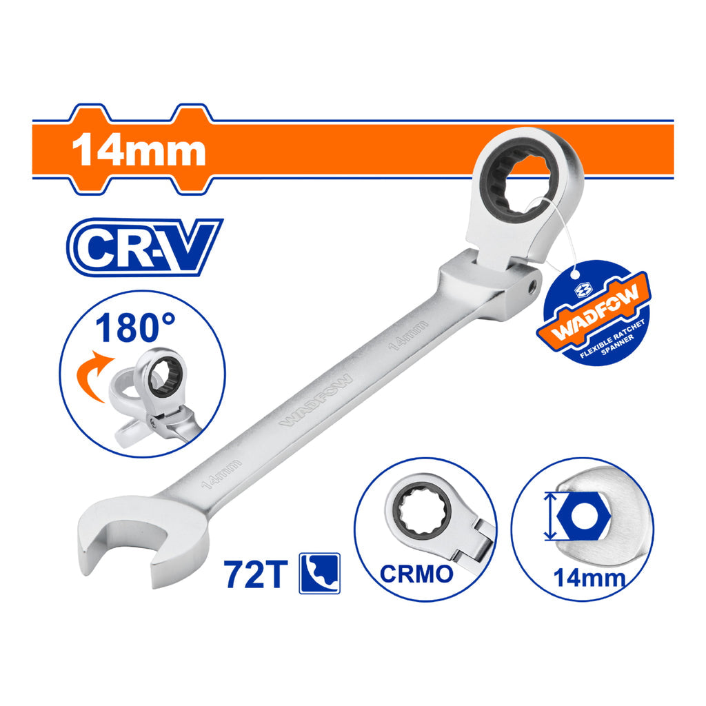[SKUIMG]WSA6114|WSA6114.jpg|LLAVES COMBINADAS CON RATCHET FLEXIBLE GIRO 180o 72 DIENTES. CROMADA. TRATAMIENTO TERMICO. (1 PIEZA)