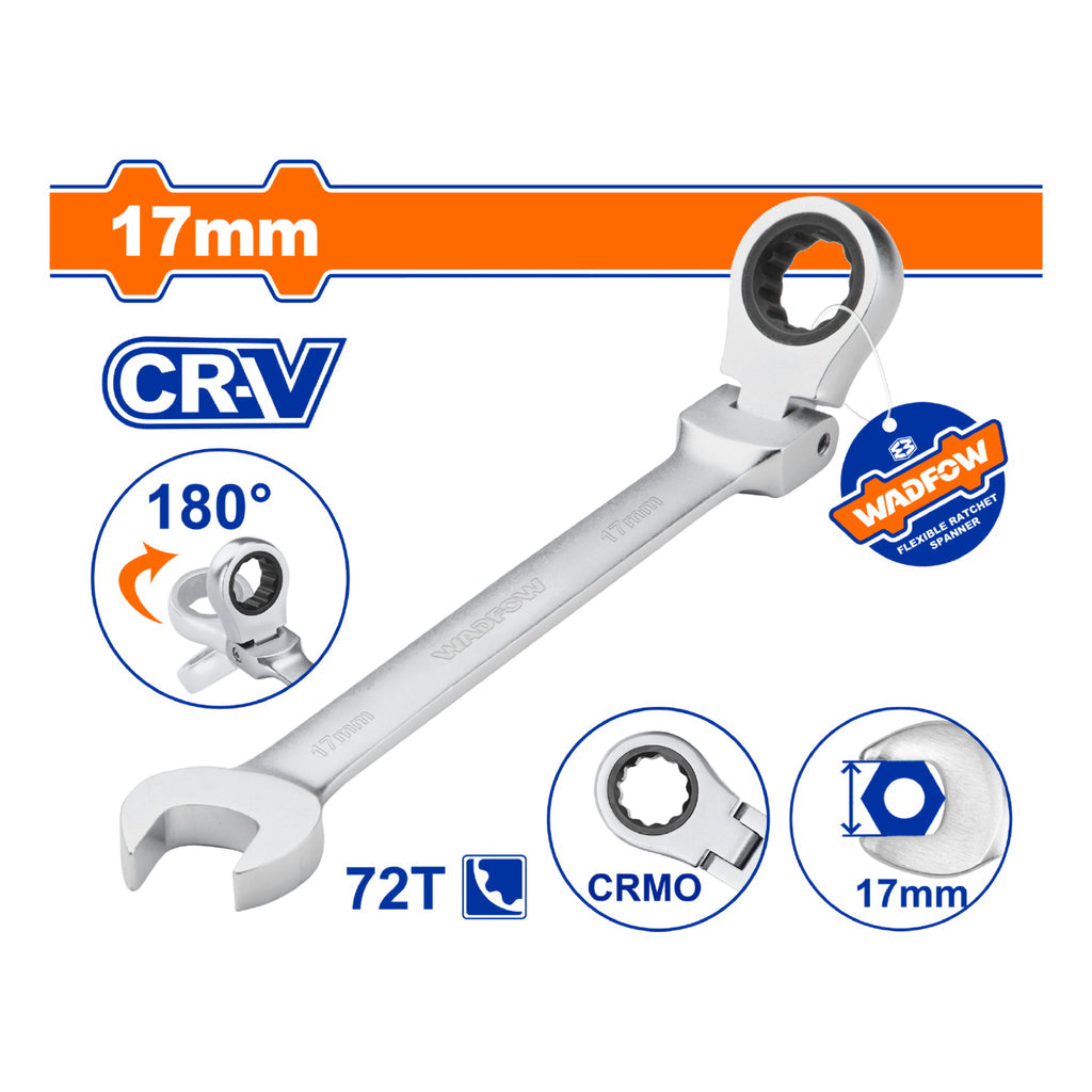[SKUIMG]WSA6117|WSA6117.jpg|LLAVES COMBINADAS CON RATCHET FLEXIBLE GIRO 180o 72 DIENTES. CROMADA. TRATAMIENTO TERMICO. (1 PIEZA)