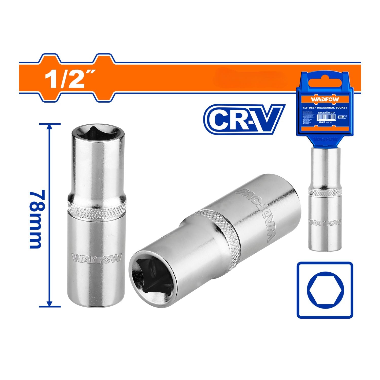 [CARBONE]WSC7230|DADOS HEXAGONALES SOCKET LARGO 1/2" 6 PUNTAS LONGITUD 78MM. ACERO 50BV30 TRATADO TÉRMICAMENTE. CROMA