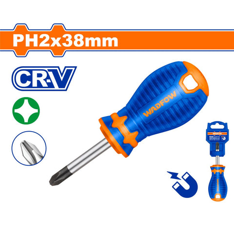 [SKUIMG]WSD2221|WSD2221.jpg|DESTORNILLADOR CORTO PHILLIPS PH2 DIAMETRO: 6MM. LARGO:38MM. PUNTA MAGNETIZADA. ACERO CR-V.