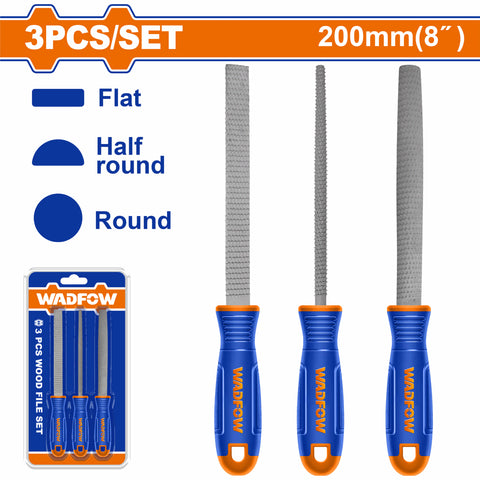 [SKUIMG]WSF1403|LIMAS PARA MADERA. PLANA, REDONDA Y MEDIA CANA. LARGO 8"MM. ACERO T12. SET 3 PZAS.