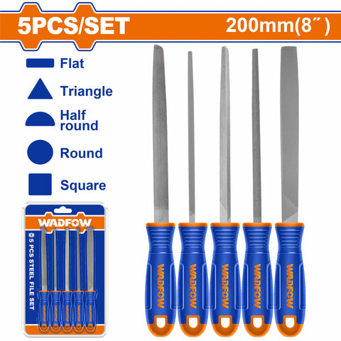 [SKUIMG]WSF2405|WSF2405.jpg|LIMAS PARA ACERO. PLANA, REDONDA,TRIANGULAR,MEDIA CANA Y CUADRADA. LARGO 8" ACERO T12. SET 5 PZAS.