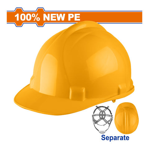 [SKUIMG]WSH1302|WSH1302.jpg|CASCO DE SEGURIDAD COLOR AMARILLO. 6 PUNTOS DE SUSPENSION. AJUSTABLE. CARCASA DE PE INCLUYE CORREA.
