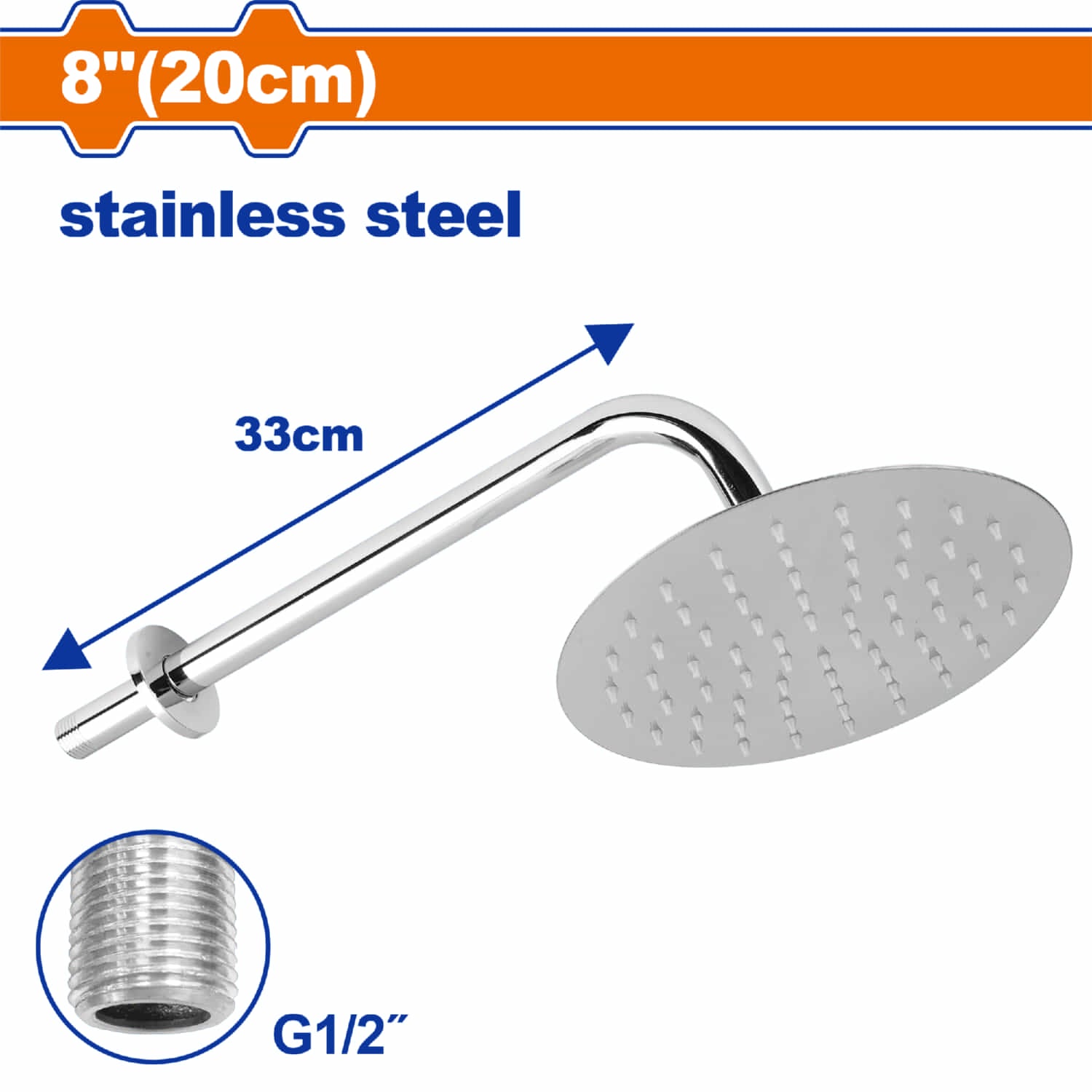 [CARBONE]WSHS1504|DUCHA REGADERA REDONDA 8" ACERO INOXIDABLE 33CM LARGO. ENTRADA G1/2" CABEZAL DE DUCHA. SET
