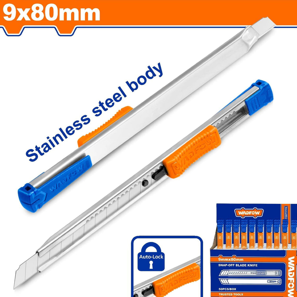 [SKUIMG]WSK1509|WSK1509.jpg|EXACTO CON CUERPO DE ACERO INOXIDABLE. 9X80MM. BLOQUEO AUTOMÁTICO. CON PULSADOR PLANO