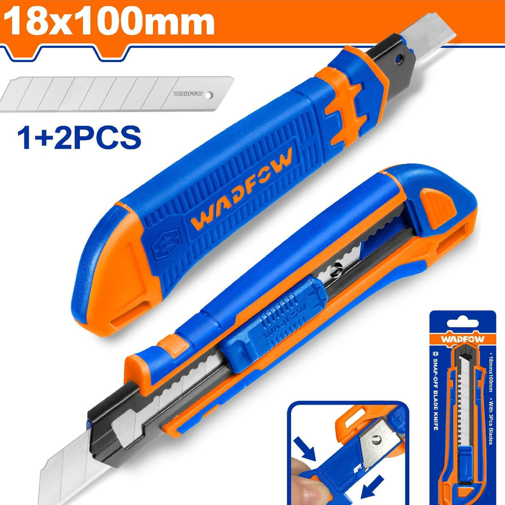 [SKUIMG]WSK8618|WSK8618.jpg|EXACTO DE PLÁSTICO 18X100MM. CON 3 CUCHILLAS SK5. PULSADOR PLANO.