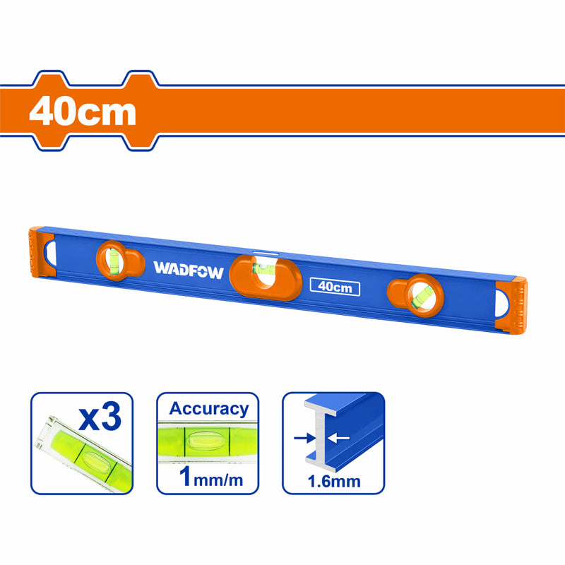 [SKUIMG]WSL5G040|WSL5G040.jpg|NIVEL DE BURBUJA 40CM. ALUMINIO. ESPESOR: 1.6MM. CON IMAN. 3 NIVELES.