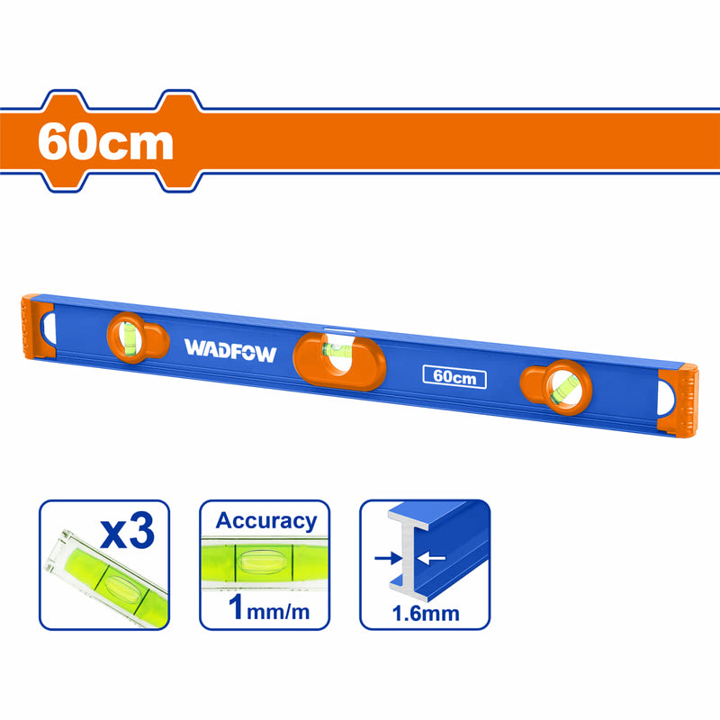 [SKUIMG]WSL5G060|WSL5G060.jpg|NIVEL DE BURBUJA 60CM. ALUMINIO. ESPESOR: 1.6MM. CON IMAN. 3 NIVELES.
