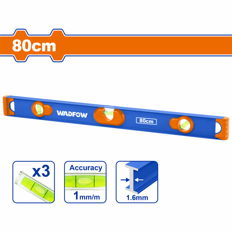 [SKUIMG]WSL5G080|WSL5G080.jpg|NIVEL DE BURBUJA 80CM. ALUMINIO. ESPESOR: 1.6MM. CON IMAN. 3 NIVELES.