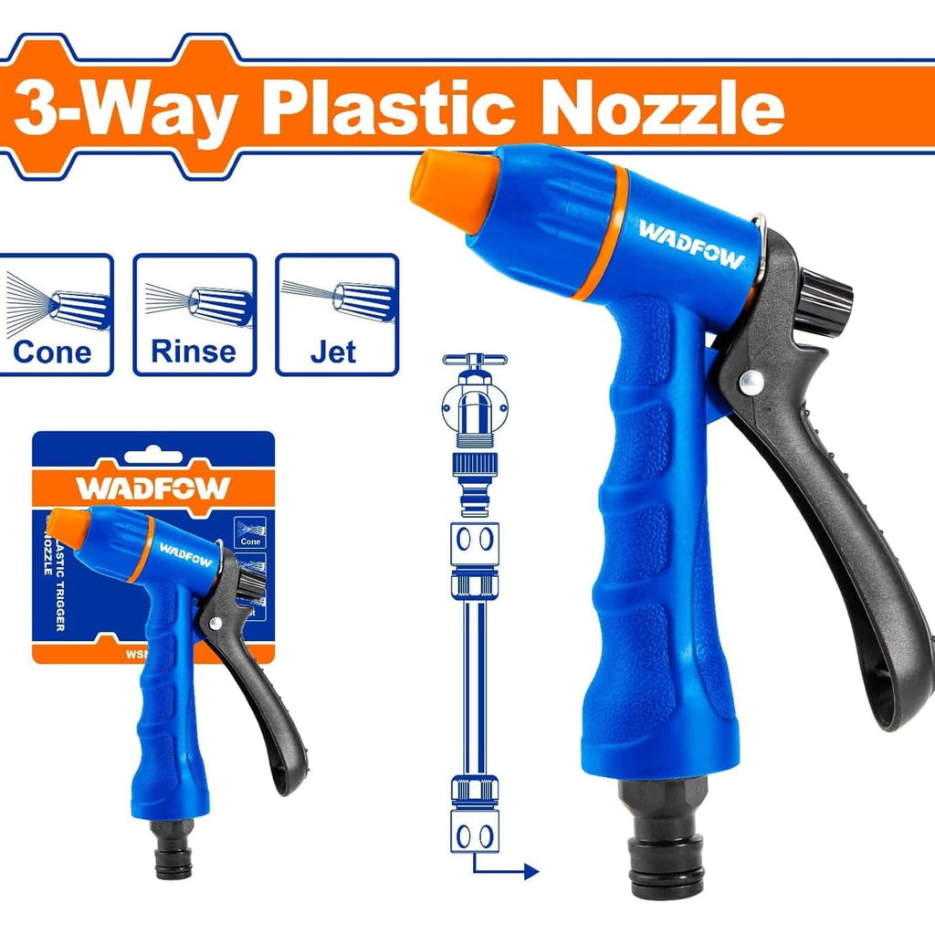 [SKUIMG]WSN1E03|PISTOLA BOQUILLA DE AGUA DE PLÁSTICO PARA MANGUERA AJUSTABLE 3 VÍAS. AGARRE SUAVE Y CÓMODO. GATILLO
