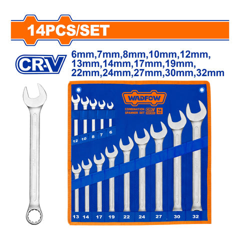 [SKUIMG]WSP1M14|WSP1M14.jpg|LLAVES COMBINADAS DE 14 PIEZAS 6-32MM ACERO CR-V PULIDO FINO. ACABADO CROMADO. SE VENDE EN SET.