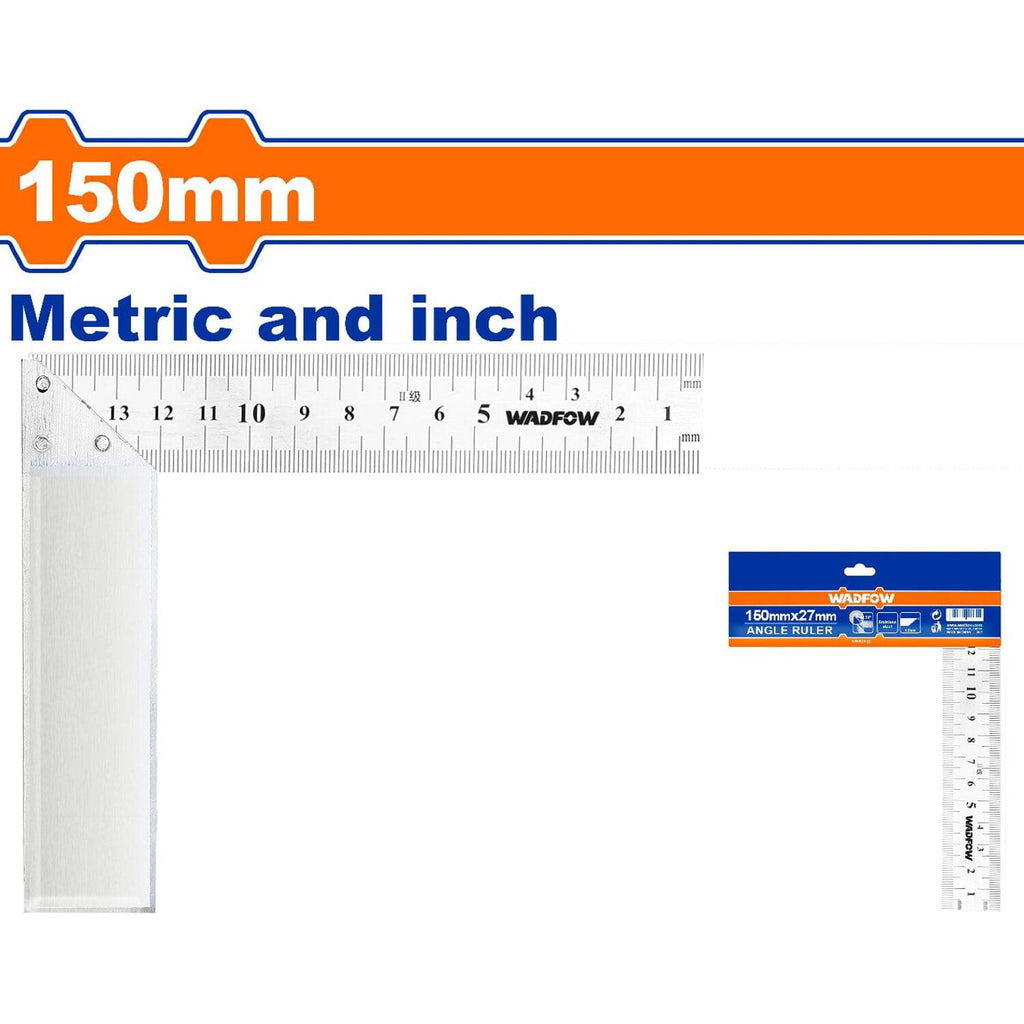 [SKUIMG]WSR2915|WSR2915.jpg|ESCUADRA EN FORMA DE L DE ACERO INOXIDABLE. 150MM(6"). ANGULO 90º. MIDE METROS Y PULGADAS.