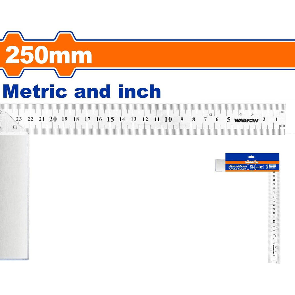 [SKUIMG]WSR2925|WSR2925.jpg|ESCUADRA EN FORMA DE L DE ACERO INOXIDABLE 10" ANGULO 90º MIDE METROS Y PULGADAS.