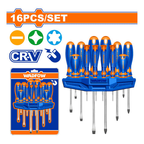 [SKUIMG]WSS1416|DESTORNILLADORES MAGNETICOS TIPO PLANO, PHILLIPS, ESTRELLA. CR-V. SET 16 PIEZAS. JUEGO