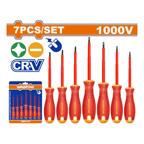 [SKUIMG]WSS7407|WSS7407.jpg|DESTORNILLADORES AISLADOS PUNTA PLANA Y PHILLIPS. 7 PIEZAS. PUNTA MAGNETICA. 1000V. MANGO COMODO. IN