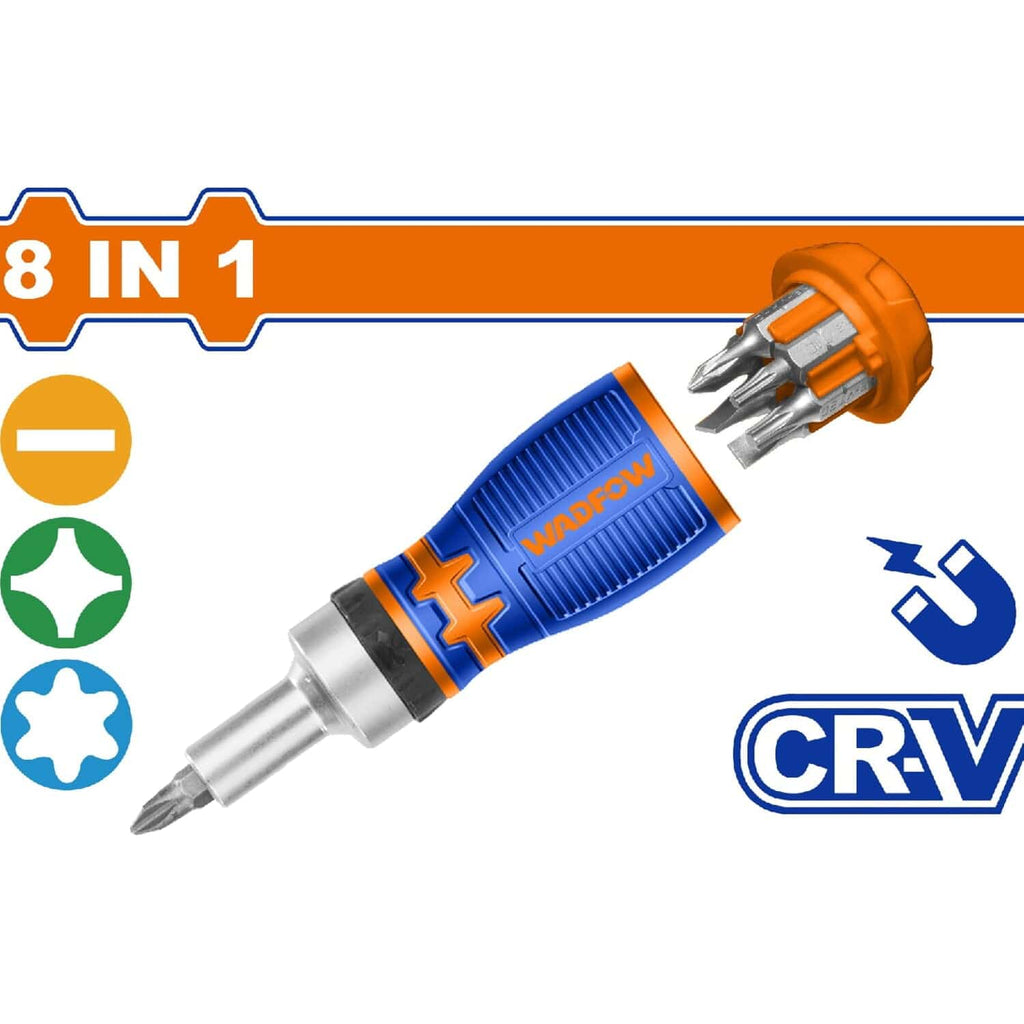 [SKUIMG]WSS8608|WSS8608.jpg|DESTORNILLADOR RATCHET 8 EN 1. MANGO ERGONÓMICO. 25MM. (SL5,SL6,PH0,PH1,PH2,T10,T20) MAGNÉTICO.