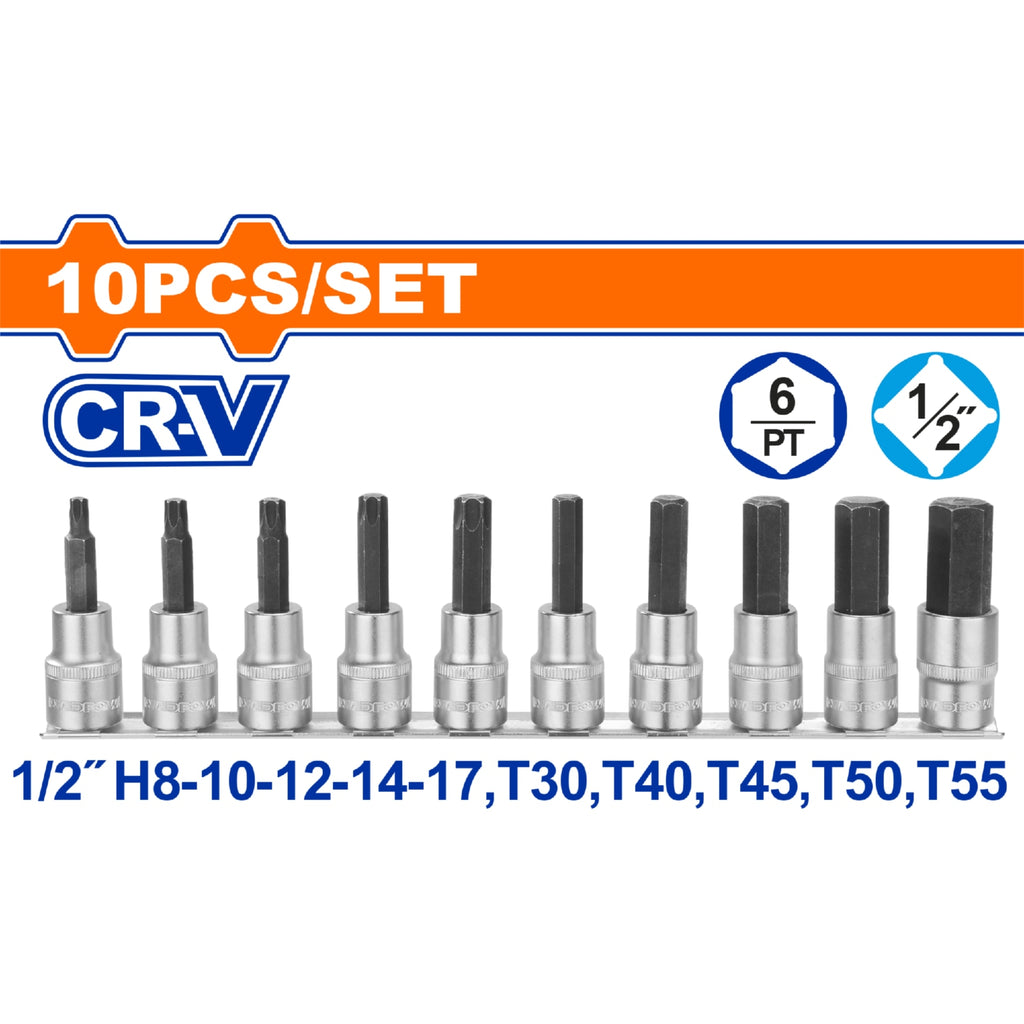 [SKUIMG]WST1412|WST1412.jpg|DADOS SOCKET DE PUNTAS HEXAGONALES Y TORX 1/2". SET DE 10 PIEZAS. CR-V. CROMADO. TÉRMICO