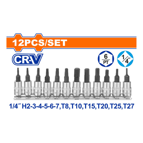 [SKUIMG]WST2414|WST2414.jpg|DADOS SOCKET DE PUNTAS HEXAGONALES Y TORX 1/4" .SET DE 12 PIEZAS. CR-V. CROMADO. TERMICO.