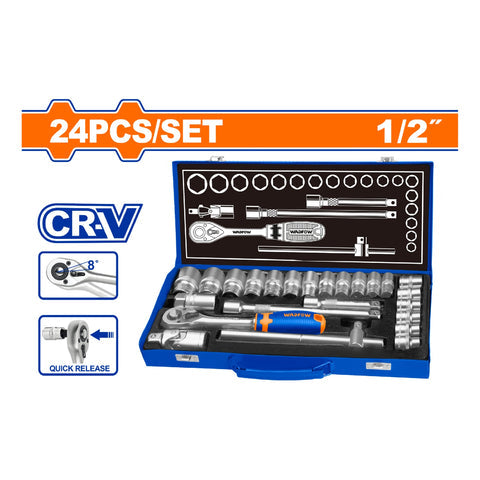 [SKUIMG]WST2L24|WST2L24.jpg|SOCKET RATCHET 1/2". SET DE 24 PIEZAS. CR-V. INCLUYE: SOCKETS,BARRAS DE EXTENSION, BARRA T. TERMICO.
