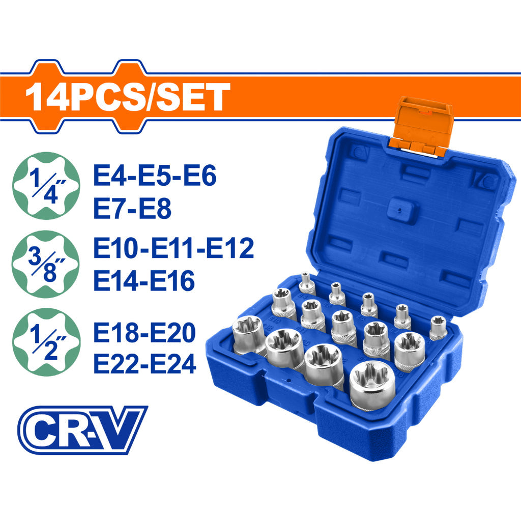 [SKUIMG]WST3D14|SOCKETS PARA RATCHET TIPO E 1/4", 3/8", 1/2" CR-V TRATAMIENTO TÉRMICO. CROMADO. JUEGO 14 PIEZAS.