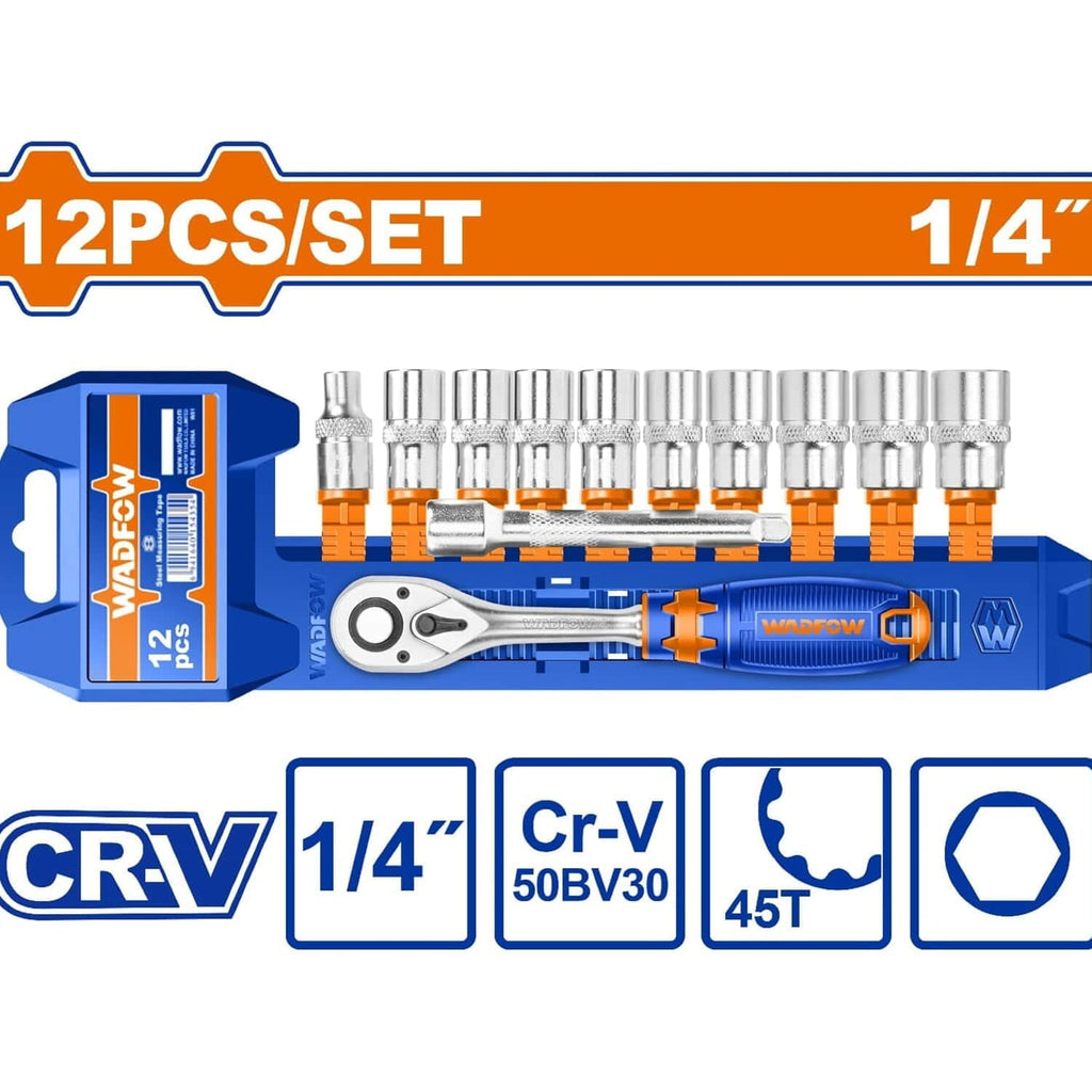 [SKUIMG]WST4212|DADOS SOCKET RACTCHET 1/4" 12 PZS. CR-V. 45 DIENTES. (INCLUYE: SOCKET, BARRA DE EXTENSIÓN) CROMADO (