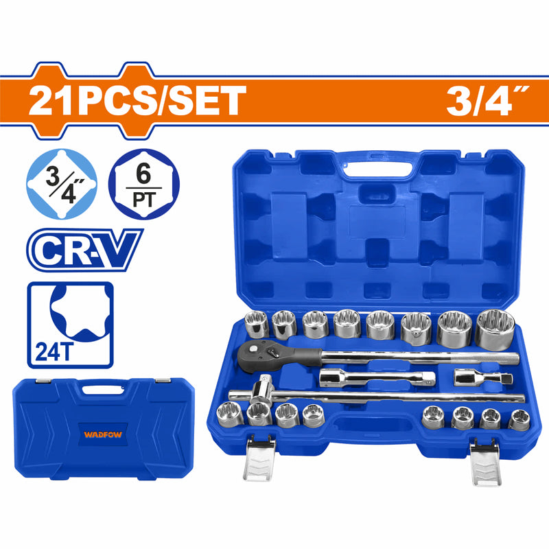[SKUIMG]WST4D21|WST4D21.jpg|DADOS SOCKET DE 3/4" 21 PIEZAS 24 DIENTES CR-V CROMADO DE TRATAMIENTO