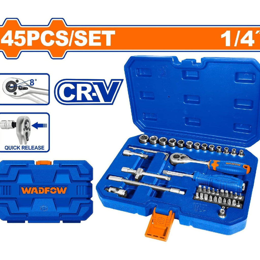 [SKUIMG]WST4D45|RATCHET CON SOCKET DADOS 45 PIEZAS 1/4". CR-V. TRATAMIENTO TÉRMICO. SE VENDE EN JUEGO.