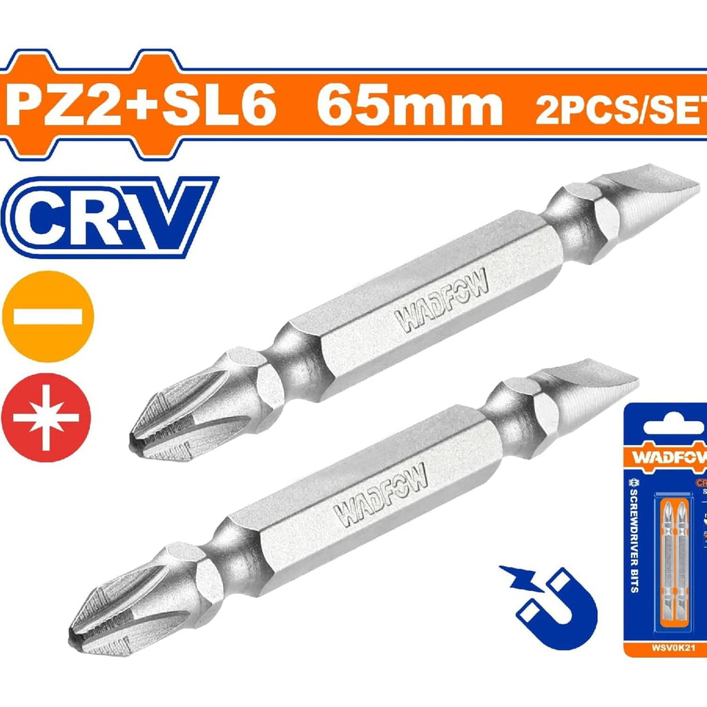 [SKUIMG]WSV0K21|WSV0K21.jpg|PUNTAS DE DESTORNILLADOR PZ2+SL6 65MM.CR-V. SET 2 PZAS. PUNTA MAGNÉTICA. TIPO POZIDRIVE Y PLANO.