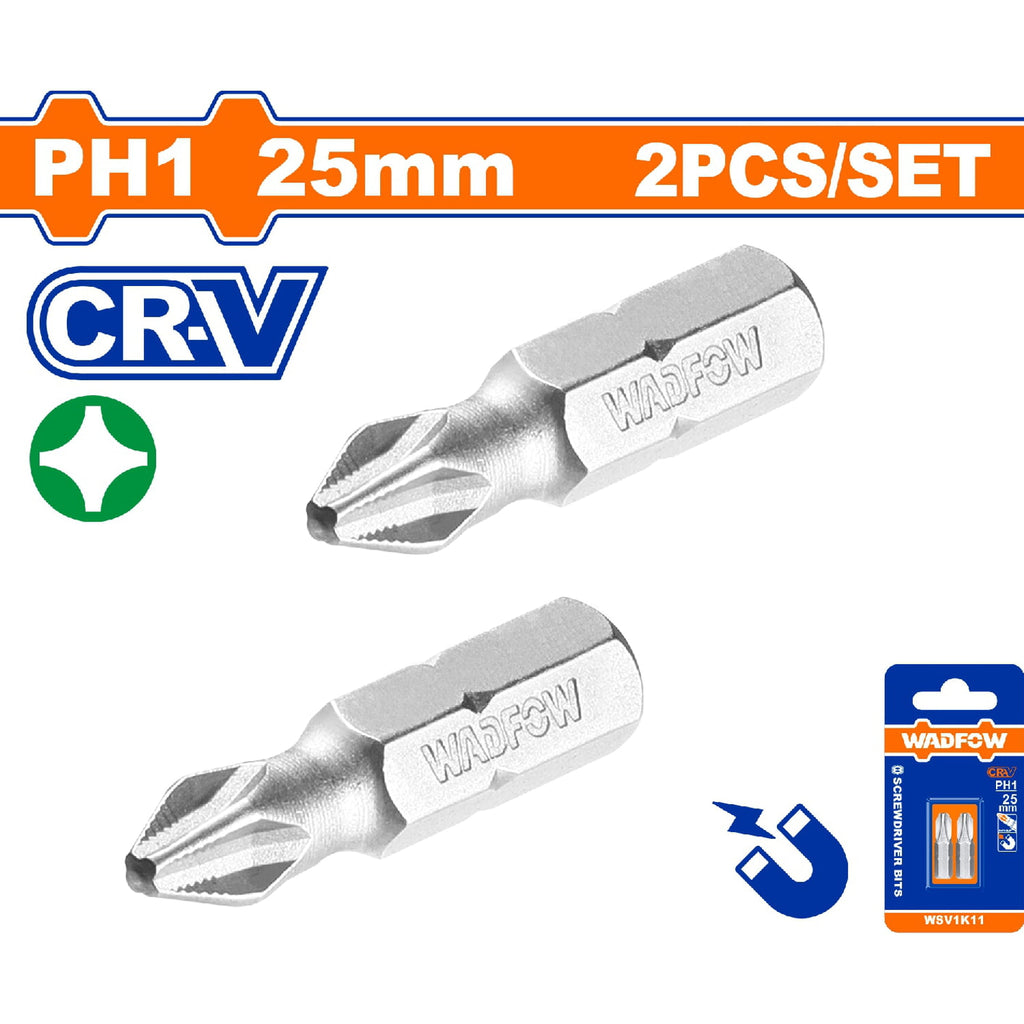 [SKUIMG]WSV1K11|WSV1K11.jpg|PUNTAS DE DESTORNILLADOR 25MM. CR-V. SET DE 2 PIEZAS. PUNTA MAGNÉTICA. TIPO PHILLIPS.